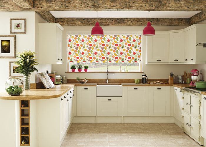 pattern roller blind and vinyl flooring in kitchen